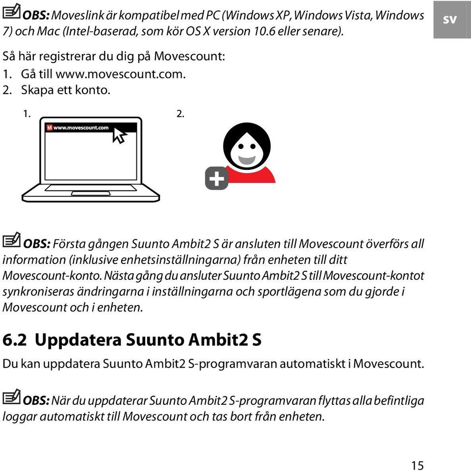 Nästa gång du ansluter Suunto Ambit2 S till Movescount-kontot synkroniseras ändringarna i inställningarna och sportlägena som du gjorde i Movescount och i enheten. 6.