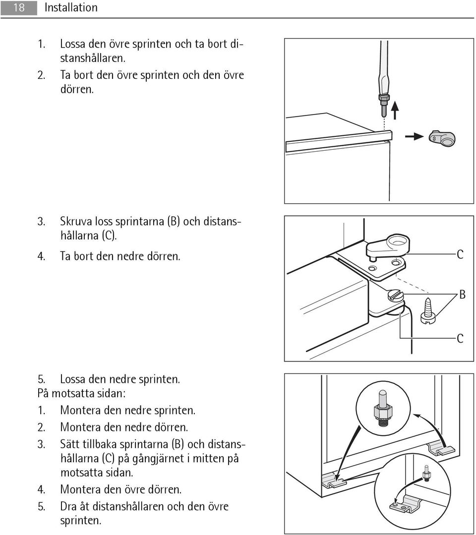 På motsatta sidan: 1. Montera den nedre sprinten. 2. Montera den nedre dörren. 3.