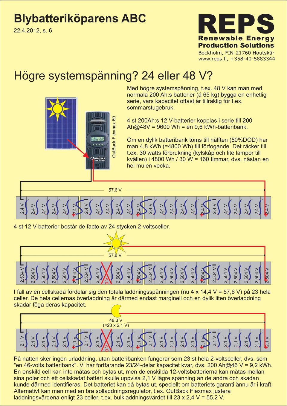 4 st 200Ah:s 12 V-batterier kopplas i serie till 200 Ah@48V = 9600 Wh = en 9,6 kwh-batteribank. Om en dylik batteribank töms till hälften (50%DOD) har man 4,8 kwh (=4800 Wh) till förfogande.