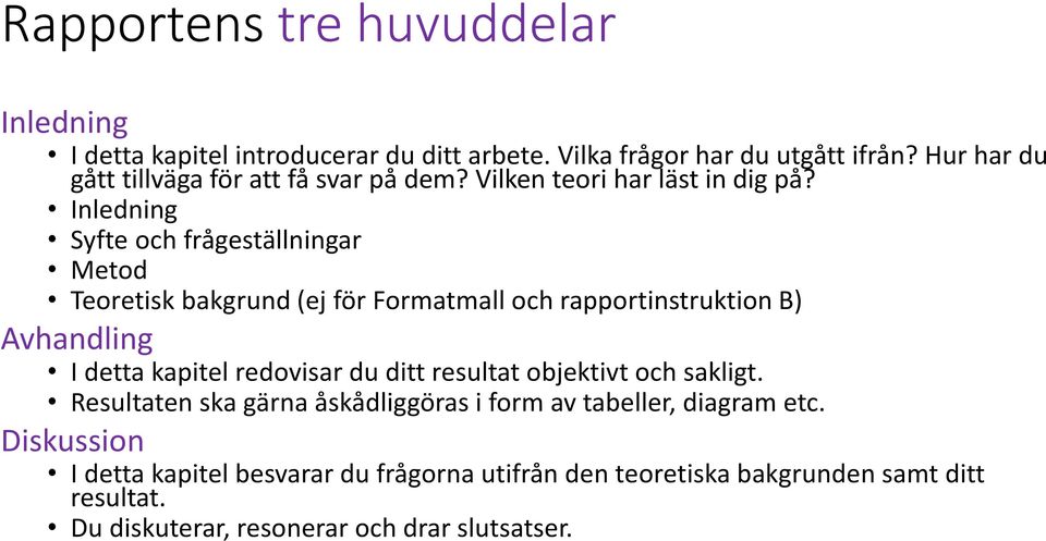 Inledning Syfte och frågeställningar Metod Teoretisk bakgrund (ej för Formatmall och rapportinstruktion B) Avhandling I detta kapitel redovisar du