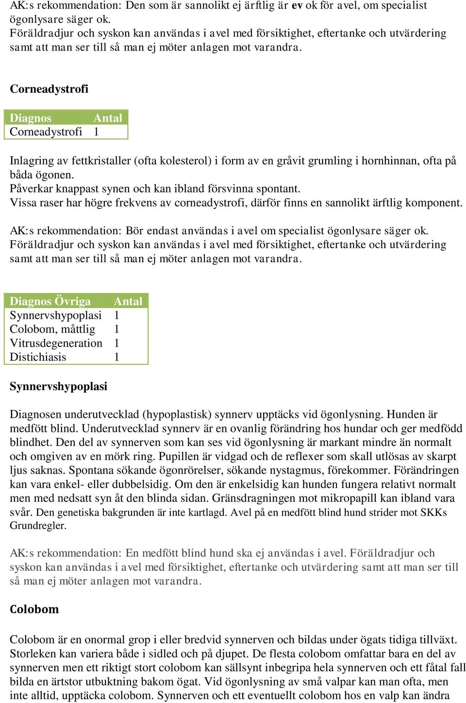 Corneadystrofi Corneadystrofi Inlagring av fettkristaller (ofta kolesterol) i form av en gråvit grumling i hornhinnan, ofta på båda ögonen. Påverkar knappast synen och kan ibland försvinna spontant.