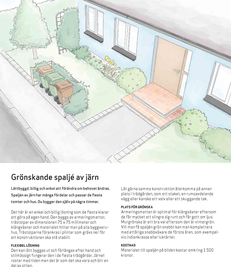 Den byggs av armeringsmattor, trästolpar av dimensionen 75 x 75 millimeter och klängväxter och materialet hittar man på alla byggvaruhus.