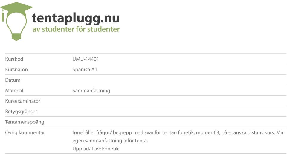 Material Sammanfattning Kursexaminator Betygsgränser Tentamenspoäng Övrig