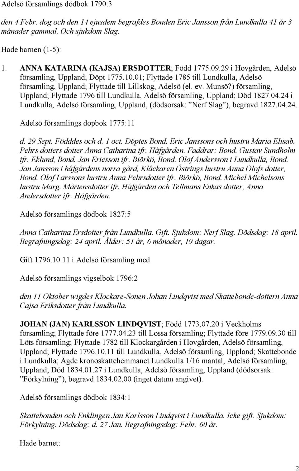 ev. Munsö?) församling, Uppland; Flyttade 1796 till Lundkulla, Adelsö församling, Uppland; Död 1827.04.24 i Lundkulla, Adelsö församling, Uppland, (dödsorsak: Nerf Slag ), begravd 1827.04.24. Adelsö församlings dopbok 1775:11 d.