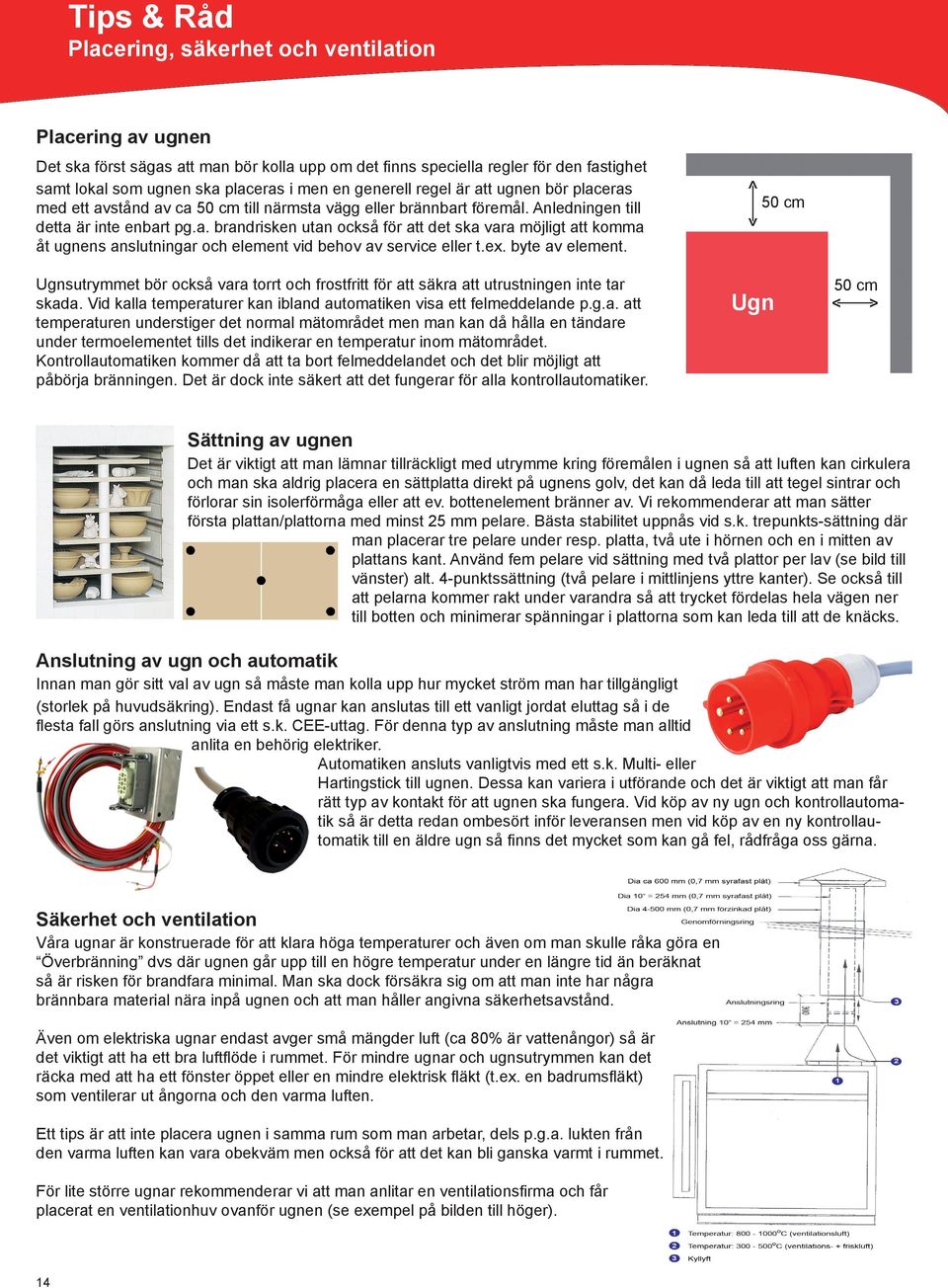 ex. byte av element. < < 50 cm Ugnsutrymmet bör också vara torrt och frostfritt för att säkra att utrustningen inte tar skada. Vid kalla temperaturer kan ibland automatiken visa ett felmeddelande p.g.a. att temperaturen understiger det normal mätområdet men man kan då hålla en tändare under termoelementet tills det indikerar en temperatur inom mätområdet.