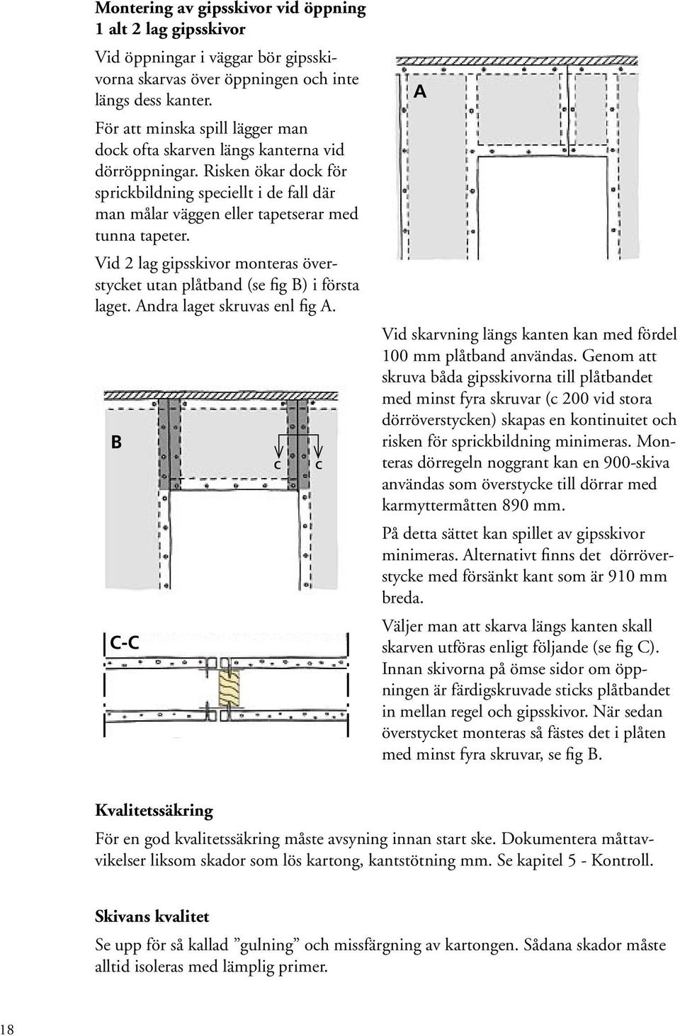 Vid 2 lag gipsskivor monteras överstycket utan plåtband (se fig B) i första laget. Andra laget skruvas enl fig A. B C-C C C A Vid skarvning längs kanten kan med fördel 100 mm plåtband användas.