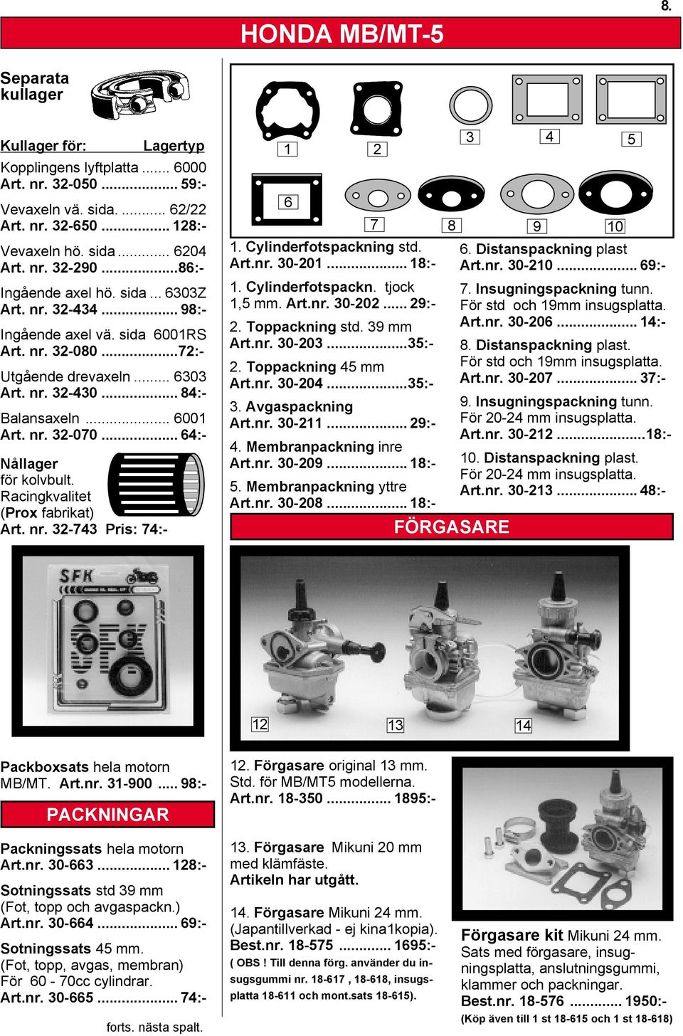 .. 64:- Nållager för kolvbult. Racingkvalitet (Prox fabrikat) Art. nr. 32-743 Pris: 74:- 1 2 6 1. Cylinderfotspackning std. Art.nr. 30-201... 18:- 1. Cylinderfotspackn. tjock 1,5 mm. Art.nr. 30-202.