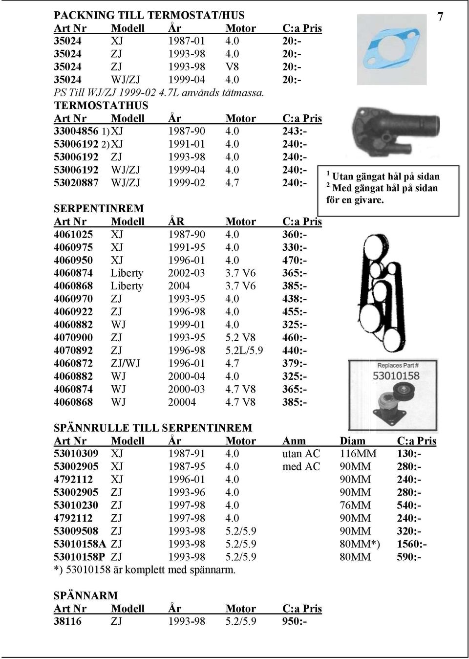 7 240:- SERPENTINREM Art Nr Modell ÅR Motor C:a Pris 4061025 XJ 1987-90 4.0 360:- 4060975 XJ 1991-95 4.0 330:- 4060950 XJ 1996-01 4.0 470:- 4060874 Liberty 2002-03 3.7 V6 365:- 4060868 Liberty 2004 3.