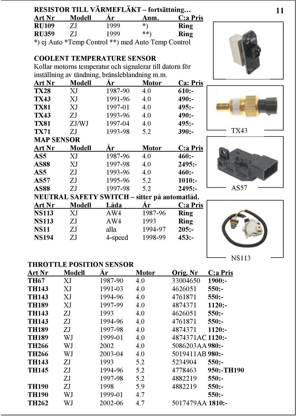 inställning av tändning, bränsleblandning m.m. Art Nr Modell År Motor Ca: Pris TX28 XJ 1987-90 4.0 610:- TX43 XJ 1991-96 4.0 490:- TX81 XJ 1997-01 4.0 495:- TX43 ZJ 1993-96 4.