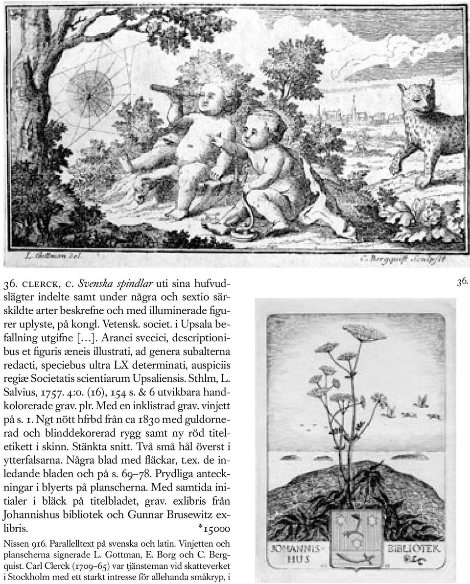 Aranei svecici, descriptionibus et figuris æneis illustrati, ad genera subalterna redacti, speciebus ultra LX determinati, auspiciis regiæ Societatis scientiarum Upsaliensis. Sthlm, L. Salvius, 1757.