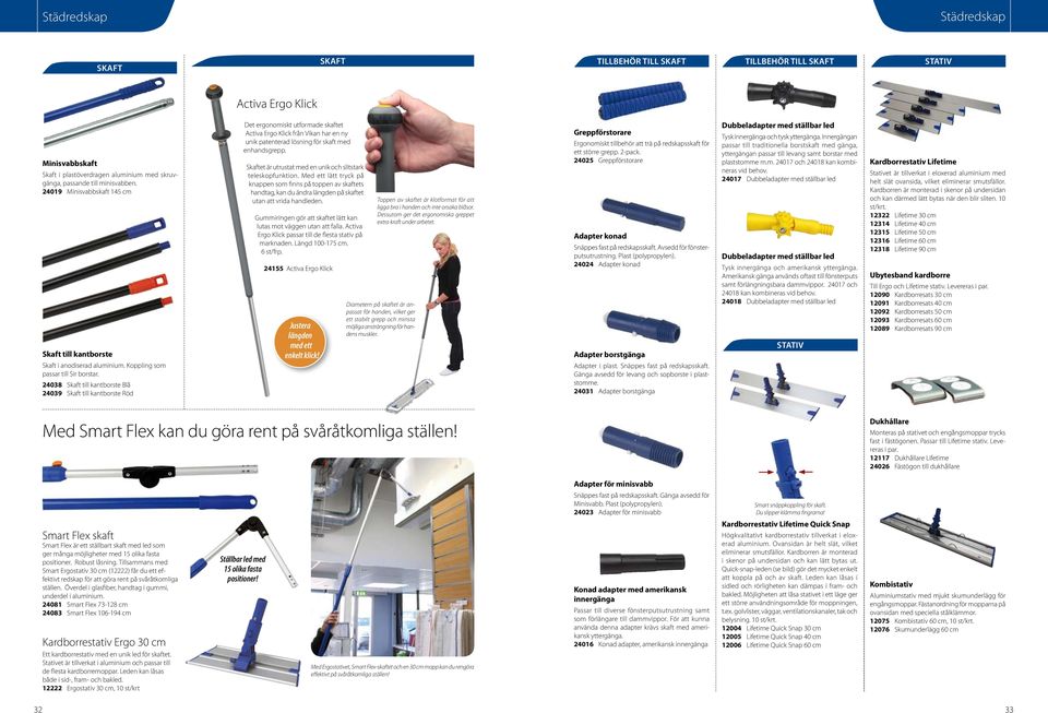 24038 Skaft till kantborste Blå 24039 Skaft till kantborste Röd Det ergonomiskt utformade skaftet Activa Ergo Klick från Vikan har en ny unik patenterad lösning för skaft med enhandsgrepp.