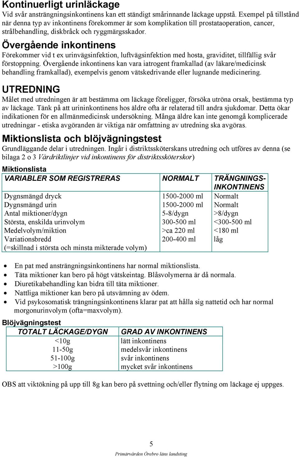 Övergående inkontinens Förekommer vid t ex urinvägsinfektion, luftvägsinfektion med hosta, graviditet, tillfällig svår förstoppning.