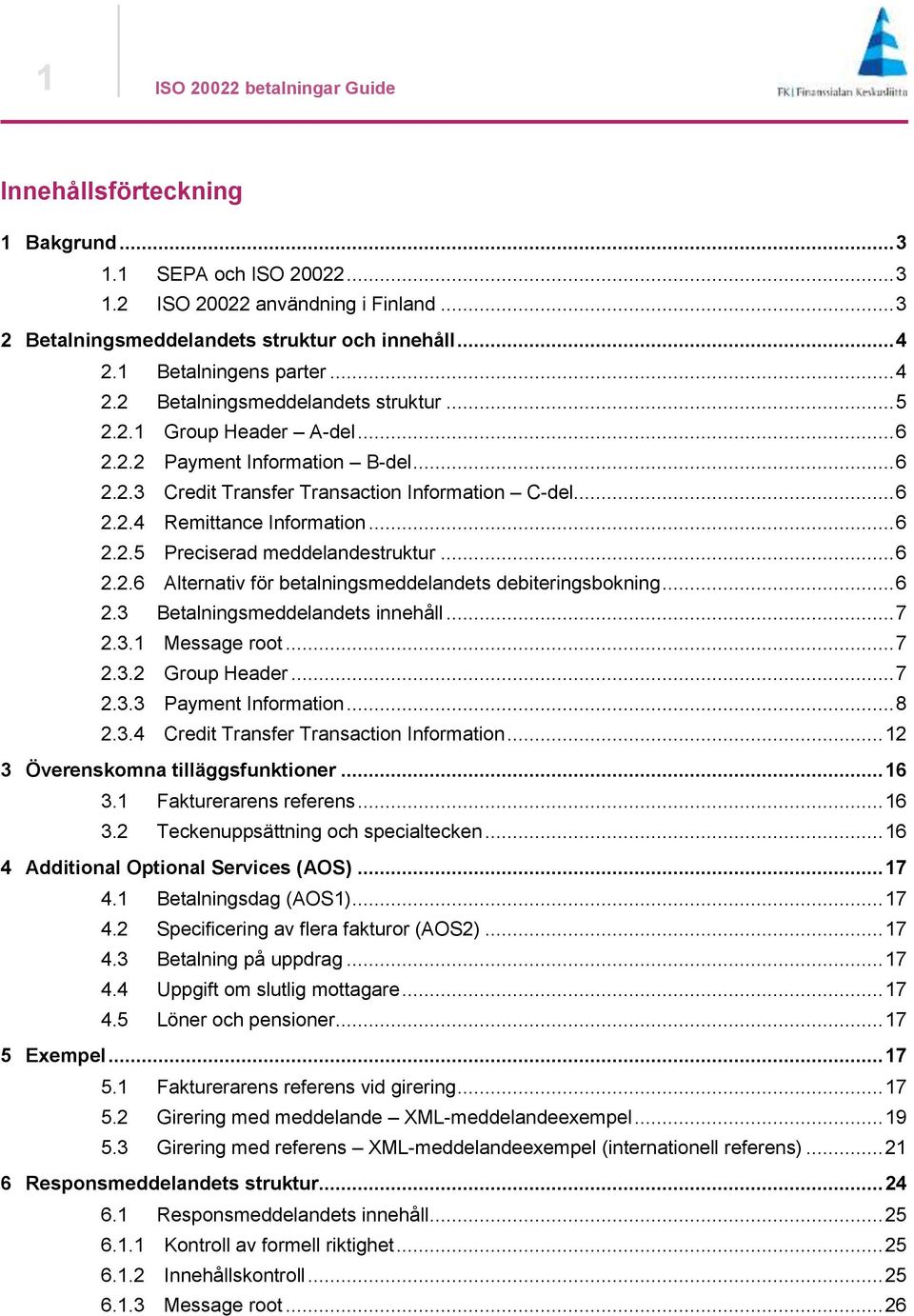 .. 6 2.2.5 Preciserad meddelandestruktur... 6 2.2.6 Alternativ för betalningsmeddelandets debiteringsbokning... 6 2.3 Betalningsmeddelandets innehåll... 7 2.3.1 Message root... 7 2.3.2 Group Header.
