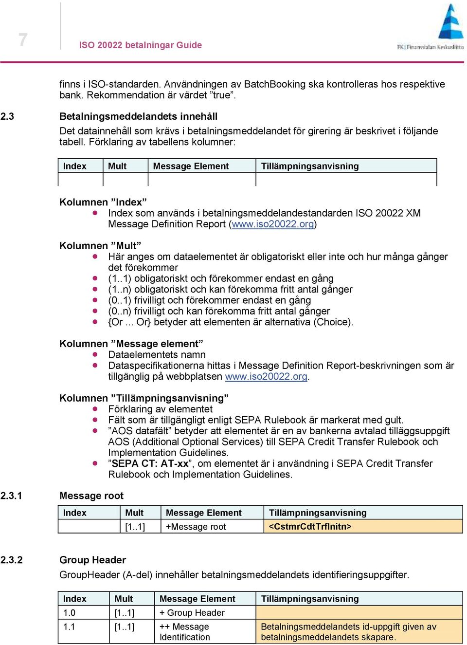 iso20022.org) Kolumnen Mult Här anges om dataelementet är obligatoriskt eller inte och hur många gånger det förekommer (1..1) obligatoriskt och förekommer endast en gång (1.
