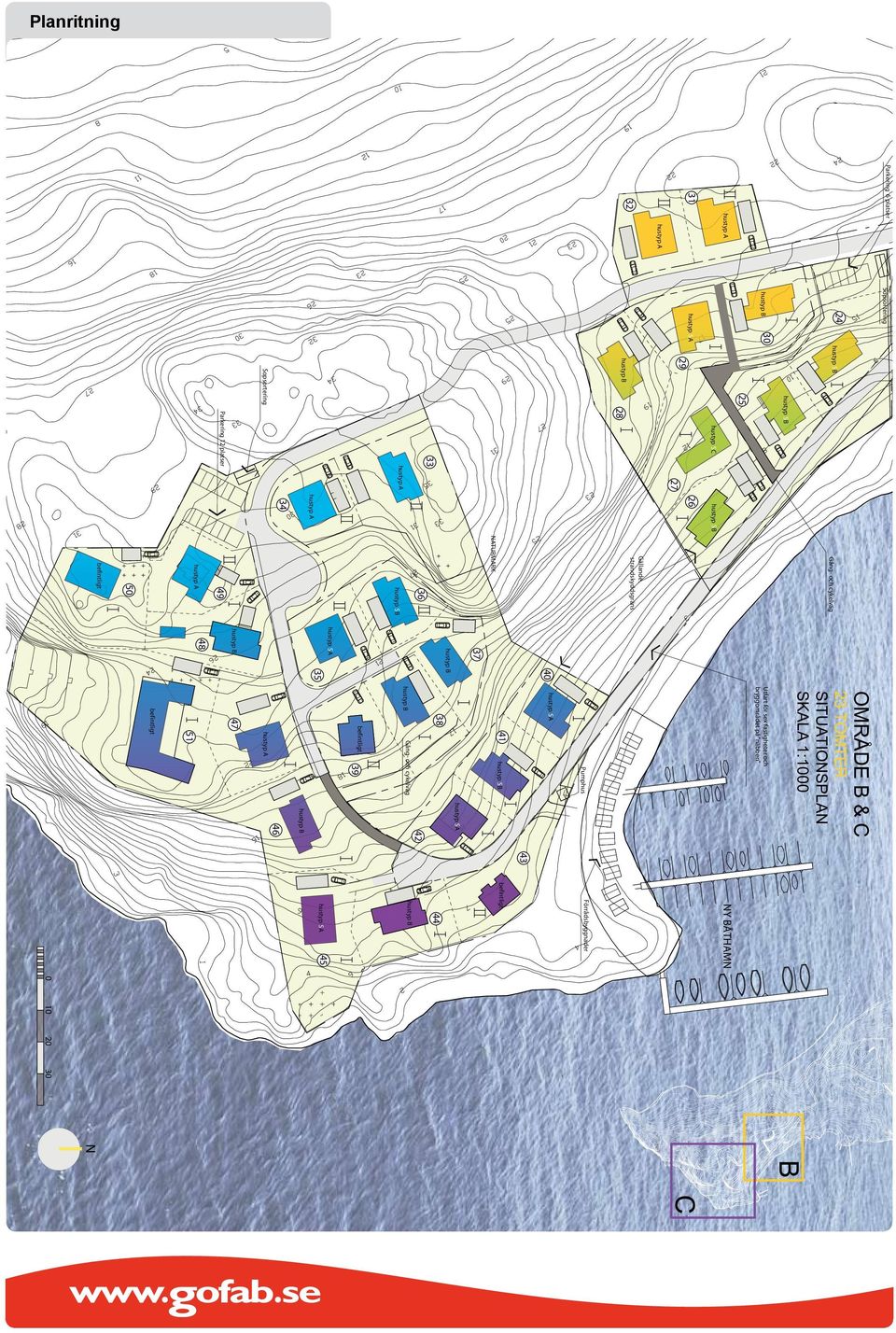 OMRÅDE B & C 4 46 hustyp SA 3 TOMTER SITUATIONSPLAN SKALA :000 Pumphus hustyp SB 39 Gång- och cykelväg 4 Utfart för sex fastigheter