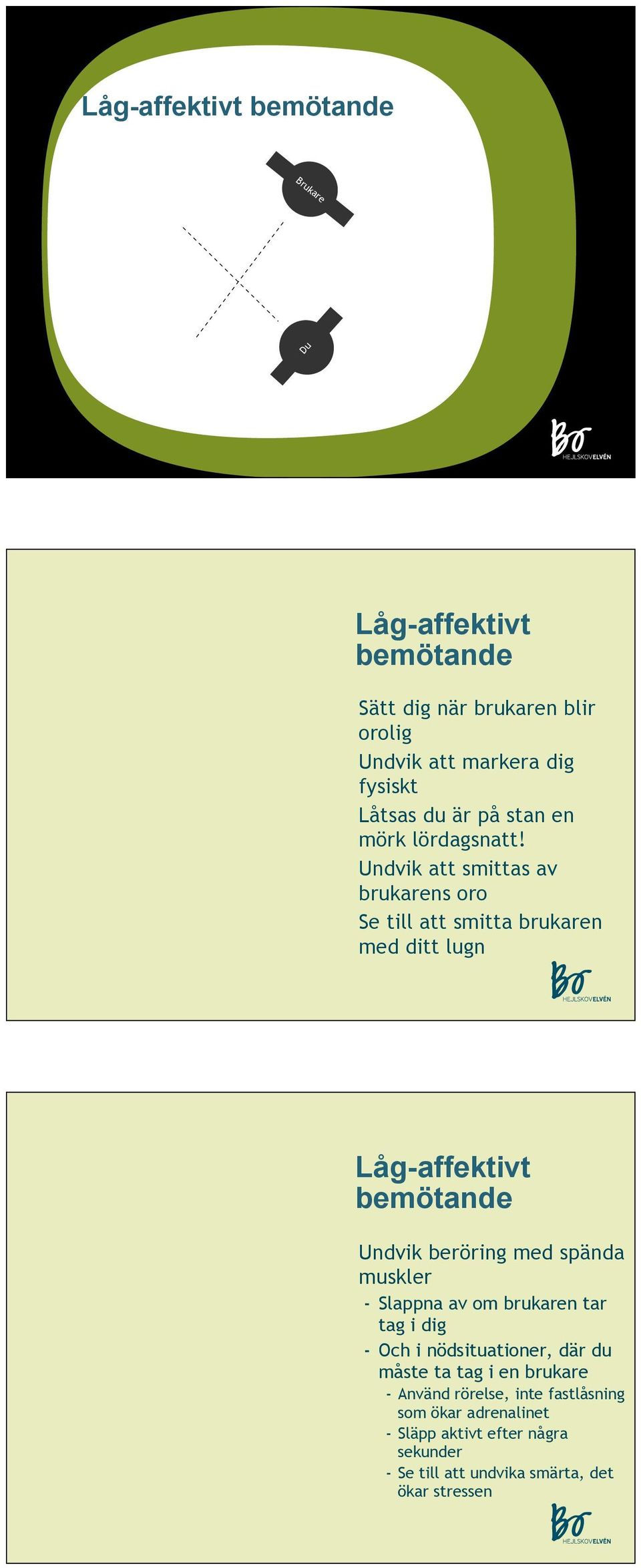 Undvik att smittas av brukarens oro Se till att smitta brukaren med ditt lugn Låg-affektivt bemötande Undvik beröring med spända