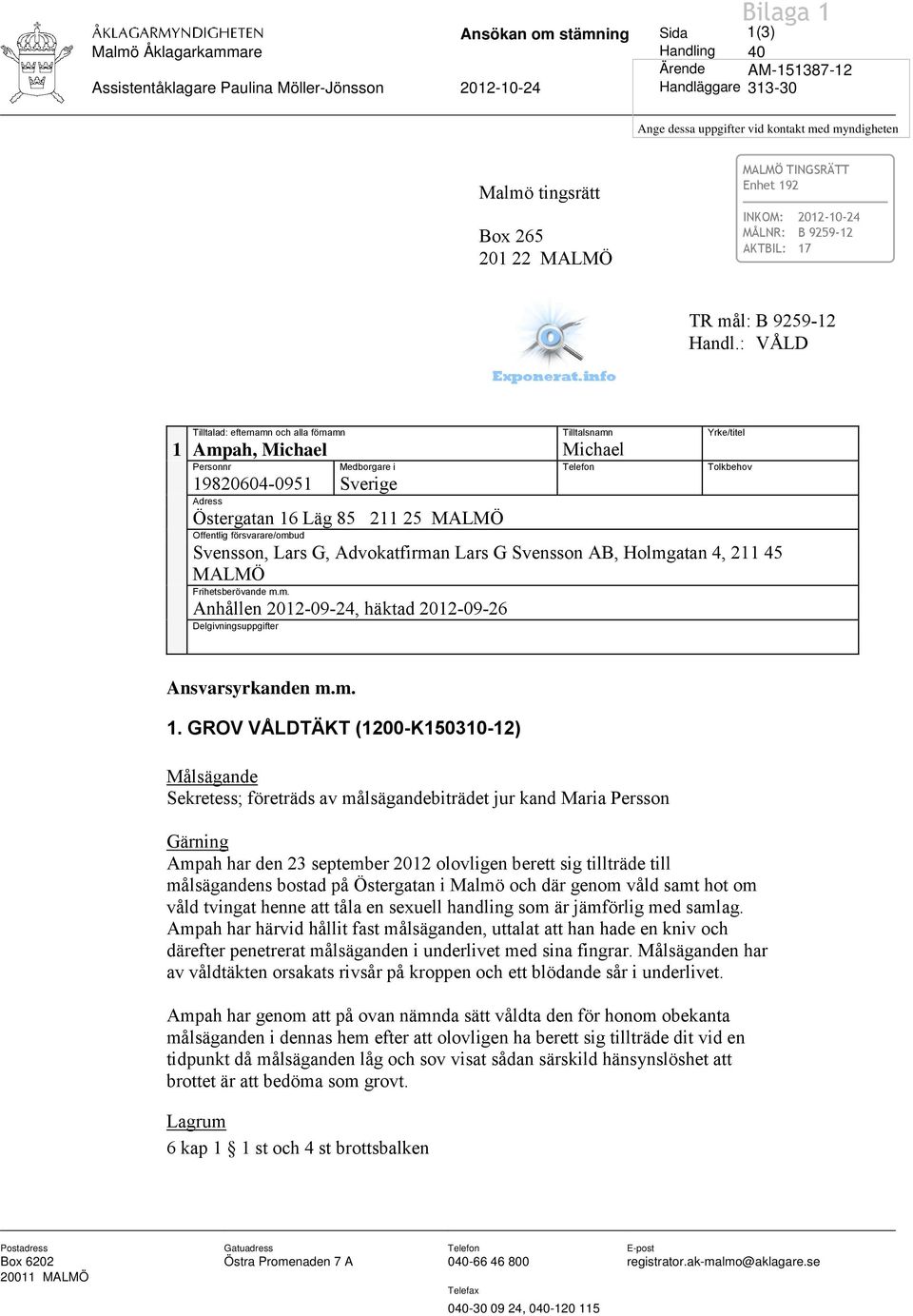 : VÅLD Tilltalad: efternamn och alla förnamn Tilltalsnamn Yrke/titel 1 Ampah, Michael Michael Personnr Medborgare i Telefon Tolkbehov 19820604-0951 Sverige Adress Östergatan 16 Läg 85 211 25 MALMÖ
