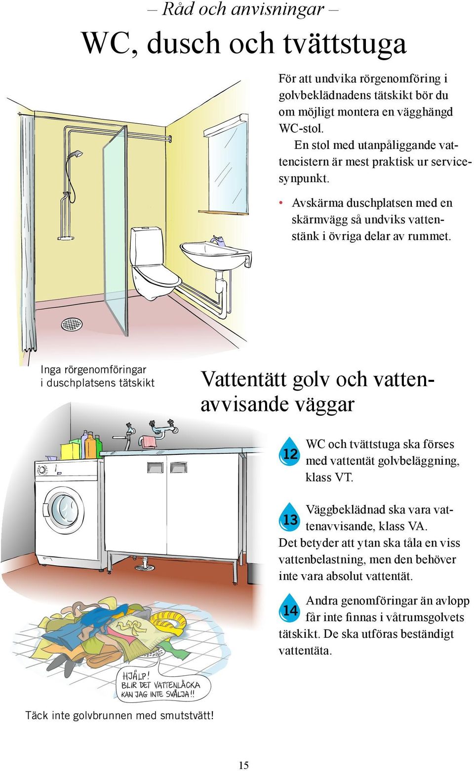 Inga rörgenomföringar i duschplatsens tätskikt Vattentätt golv och vattenavvisande väggar 12 WC och tvättstuga ska förses med vattentät golvbeläggning, klass VT.