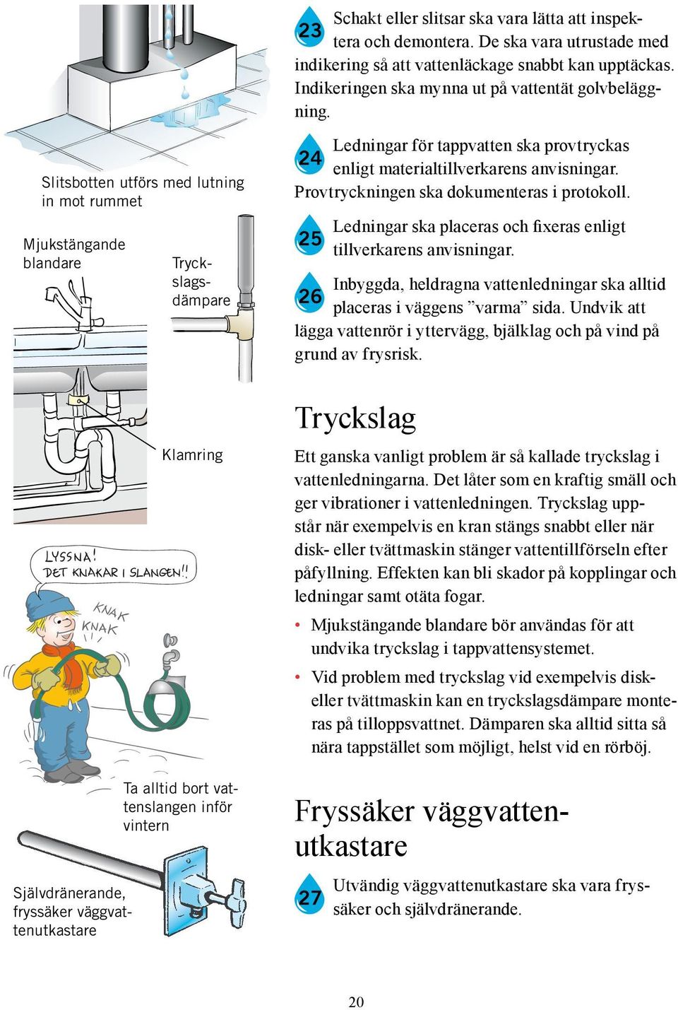 Slitsbotten utförs med lutning in mot rummet Mjukstängande blandare Självdränerande, fryssäker väggvattenutkastare Tryckslagsdämpare Klamring Ta alltid bort vattenslangen inför vintern Ledningar för