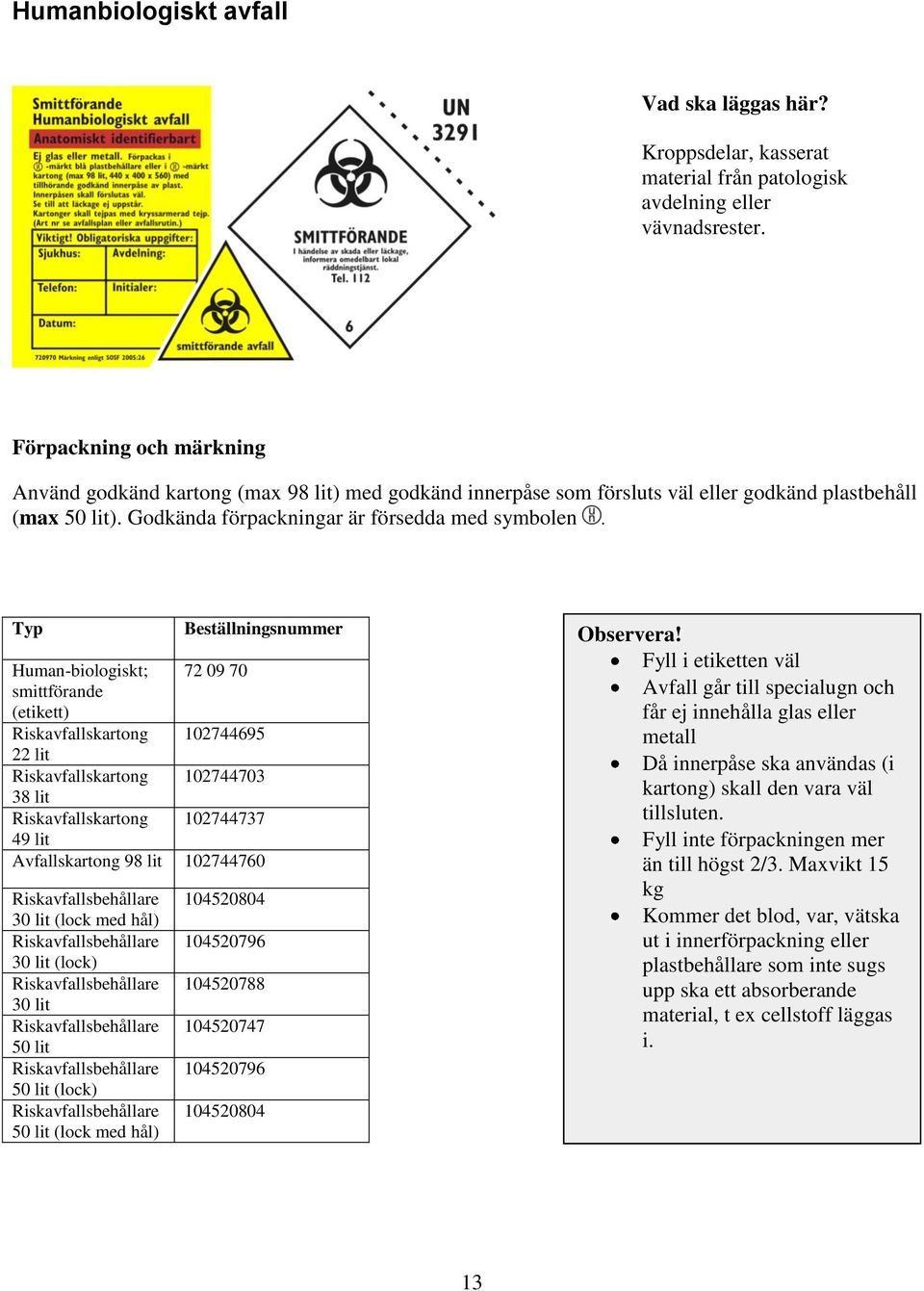 Typ Beställningsnummer Human-biologiskt; 72 09 70 smittförande (etikett) Riskavfallskartong 102744695 22 lit Riskavfallskartong 102744703 38 lit Riskavfallskartong 102744737 49 lit Avfallskartong 98