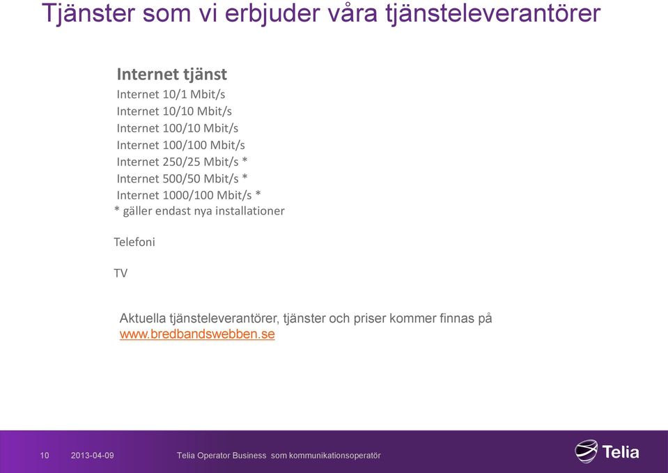 1000/100 Mbit/s * * gäller endast nya installationer Telefoni TV Aktuella tjänsteleverantörer, tjänster och