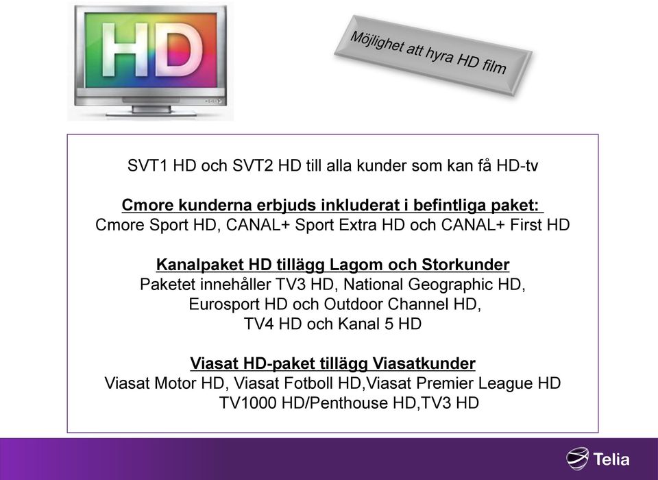 Sport HD, CANAL+ Sport Extra HD och CANAL+ First HD Kanalpaket HD tillägg Lagom och Storkunder Paketet innehåller TV3