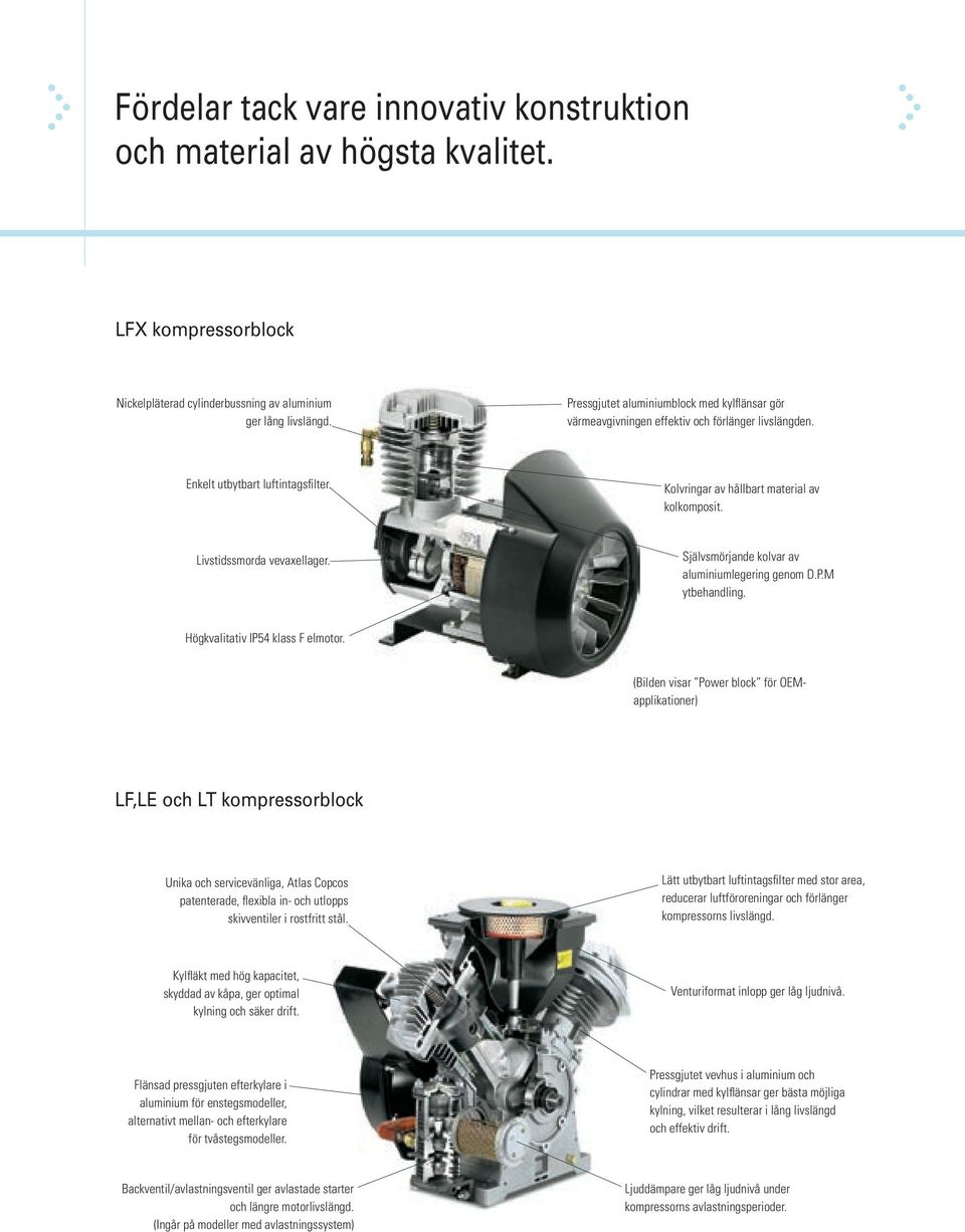 Livstidssmorda vevaxellager. Självsmörjande kolvar av aluminiumlegering genom D.P.M ytbehandling. Högkvalitativ IP54 klass F elmotor.