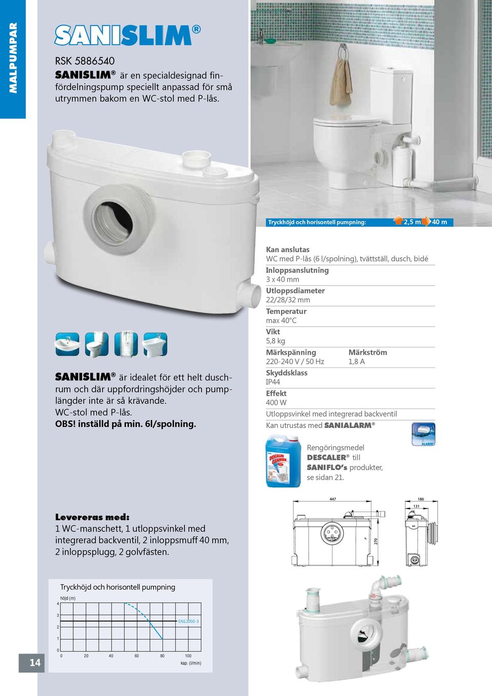 WC med P-lås (6 l/spolning), tvättställ, dusch, bidé Inloppsanslutning x mm /8/ mm max C 5,8 kg - V / 5 Hz,8 A IP W Utloppsvinkel med integrerad backventil Kan utrustas