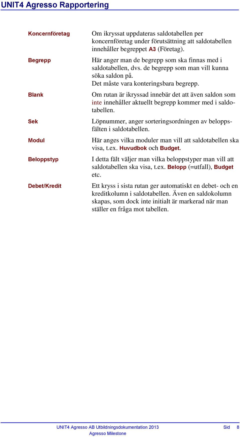 Om rutan är ikryssad innebär det att även saldon som inte innehåller aktuellt begrepp kommer med i saldotabellen. Löpnummer, anger sorteringsordningen av beloppsfälten i saldotabellen.