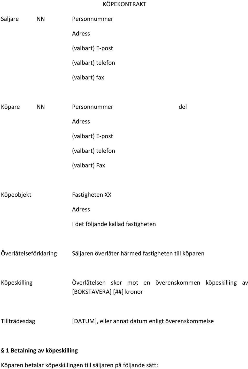 överlåter härmed fastigheten till köparen Köpeskilling Överlåtelsen sker mot en överenskommen köpeskilling av [BOKSTAVERA] [##] kronor