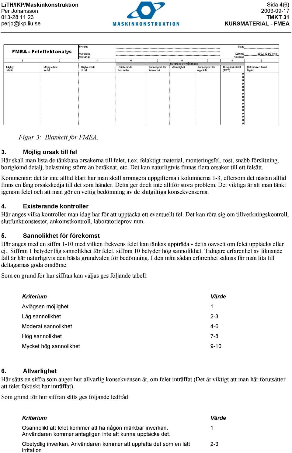 Kommentar: det är inte alltid klart hur man skall arrangera uppgifterna i kolumnerna 1-3, eftersom det nästan alltid finns en lång orsakskedja till det som händer.