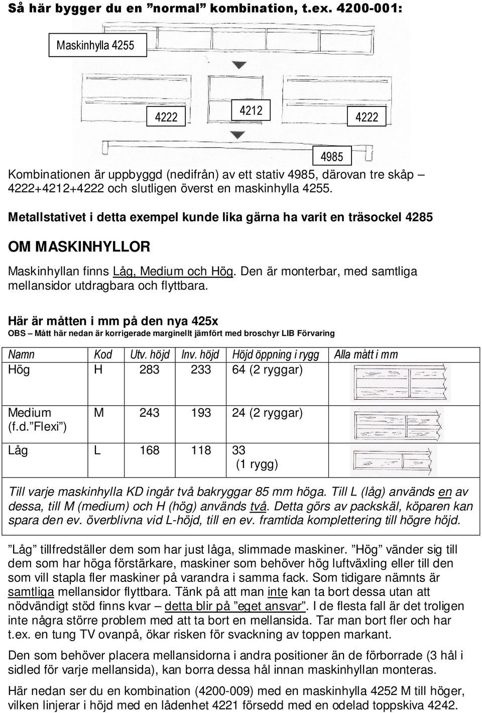 Metallstativet i detta exempel kunde lika gärna ha varit en träsockel 4285 OM MASKINHYLLOR Maskinhyllan finns Låg, Medium och Hög. Den är monterbar, med samtliga mellansidor utdragbara och flyttbara.