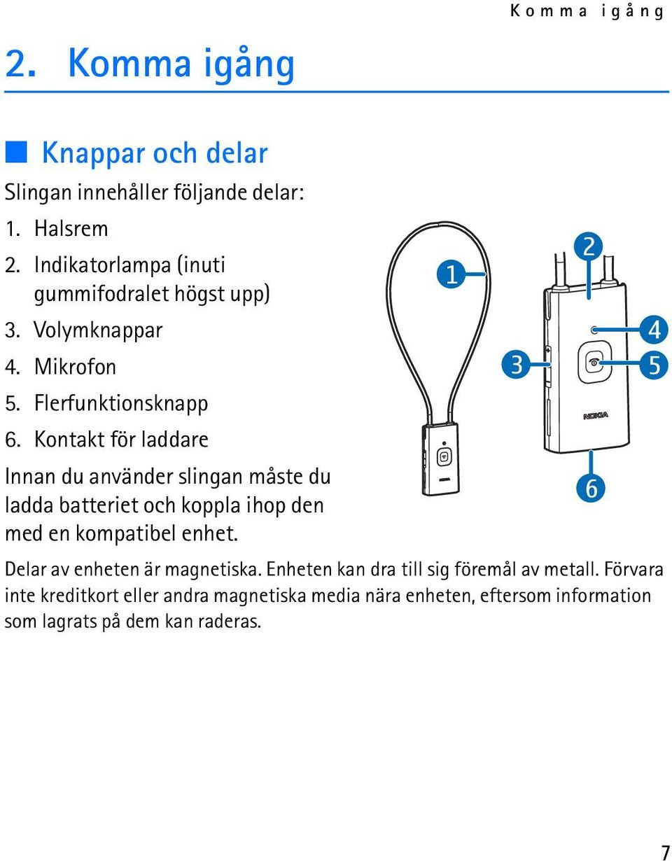 Kontakt för laddare 31 5 Innan du använder slingan måste du ladda batteriet och koppla ihop den 6 med en kompatibel enhet.