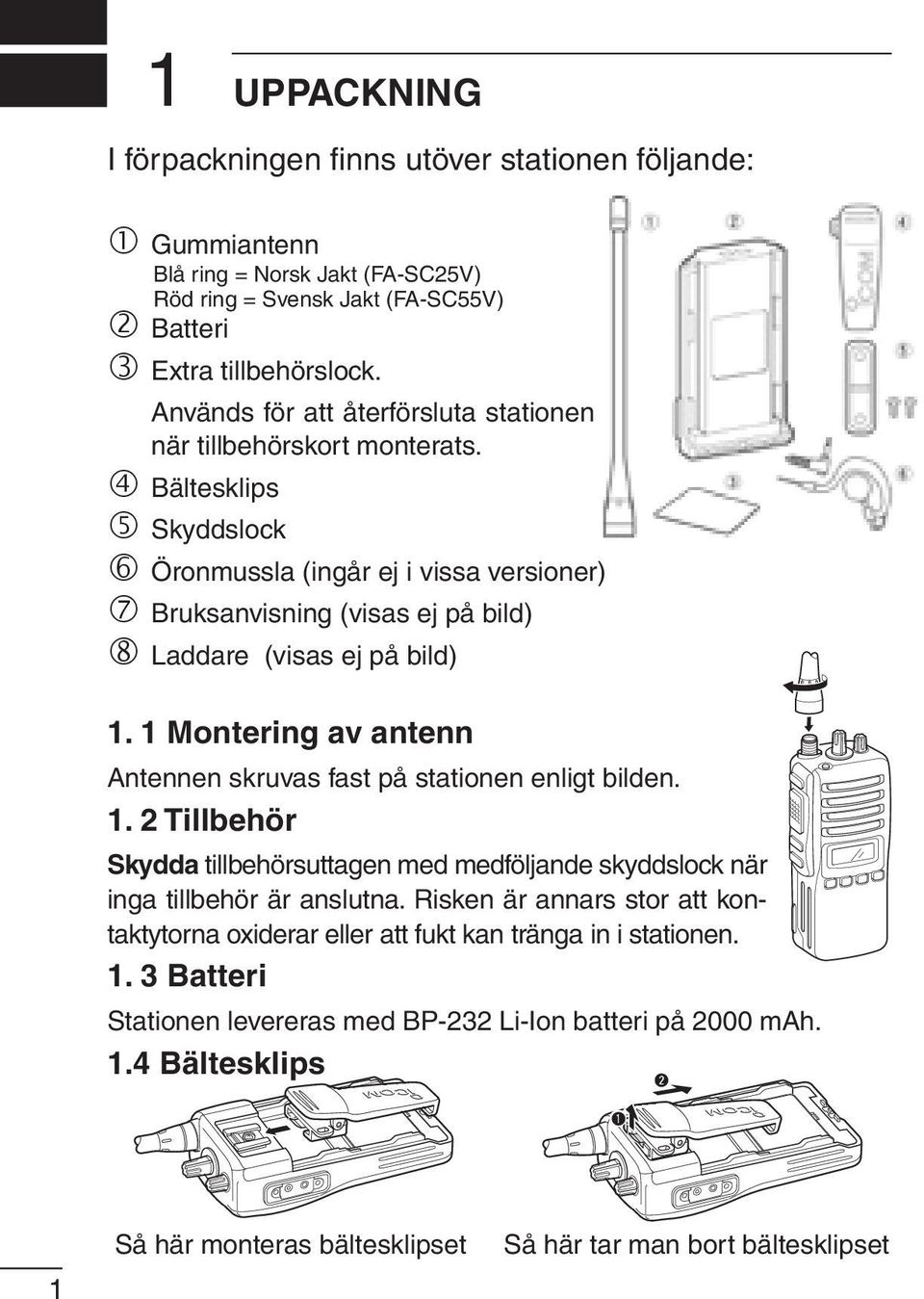 1 Montering av antenn Antennen skruvas fast på stationen enligt bilden. 1. 2 Tillbehör Skydda tillbehörsuttagen med medföljande skyddslock när inga tillbehör är anslutna.