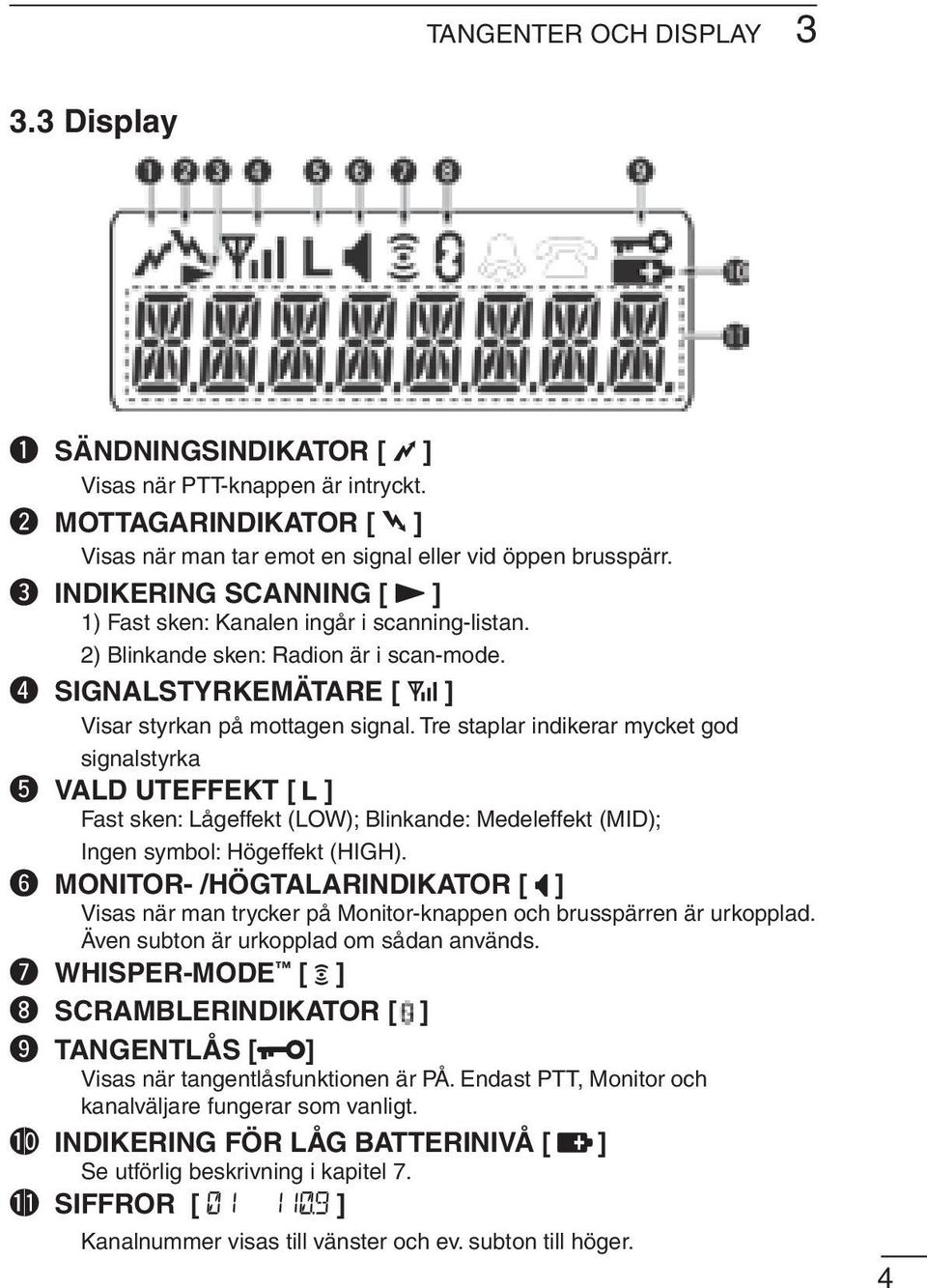 Tre staplar indikerar mycket god signalstyrka t VALD UTEFFEKT [ ] Fast sken: Lågeffekt (LOW); Blinkande: Medeleffekt (MID); Ingen symbol: Högeffekt (HIGH).