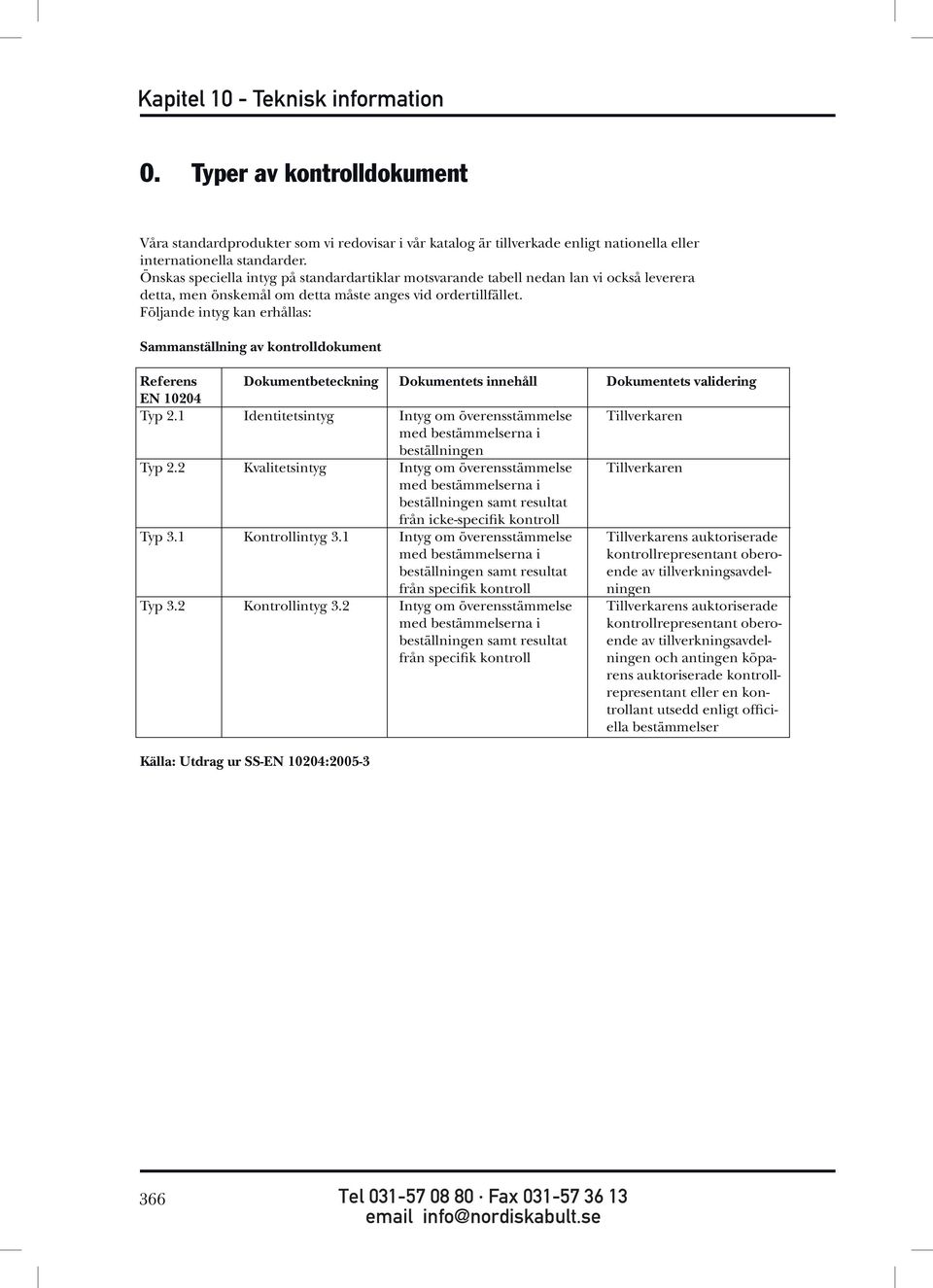 Följande intyg kan erhållas: Sammanställning av kontrolldokument Källa: Utdrag ur SS-EN 10204:2005-3 Referens Dokumentbeteckning Dokumentets innehåll Dokumentets validering EN 10204 Typ 2.