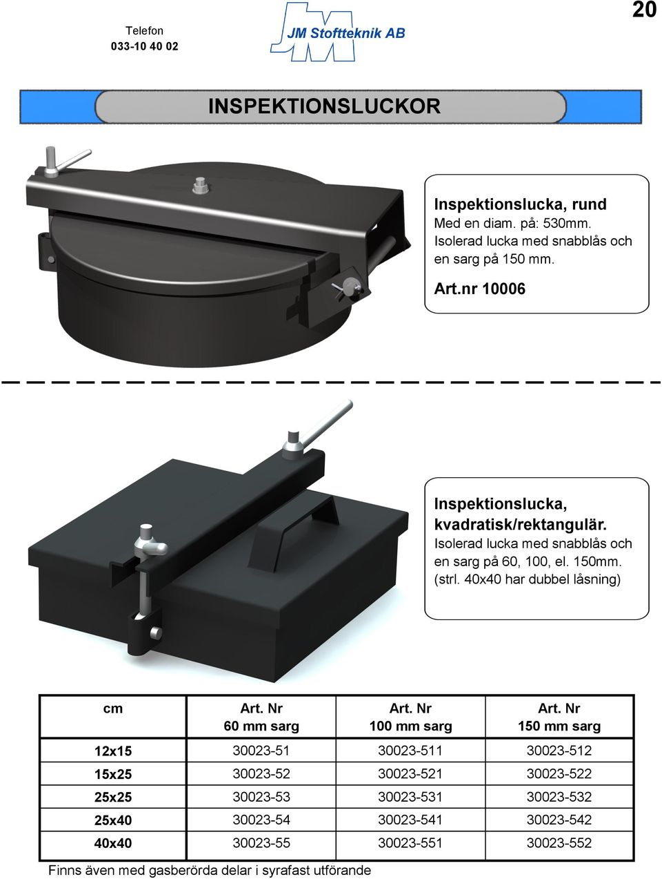 40x40 har dubbel låsning) cm Art. Nr 60 mm sarg Art. Nr 100 mm sarg Art.