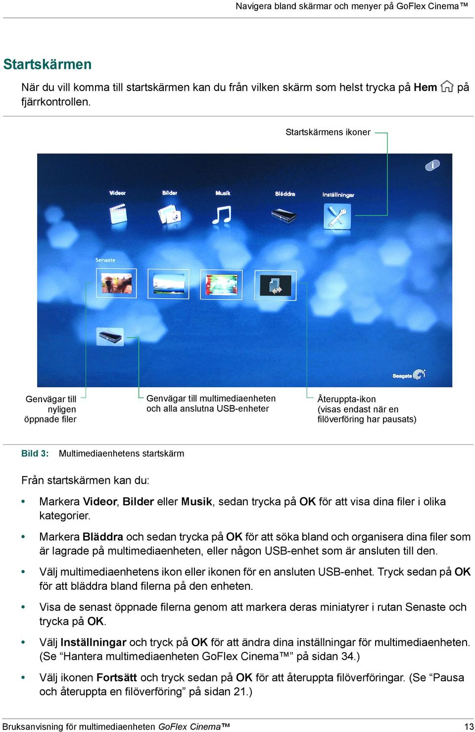 Multimediaenhetens startskärm Från startskärmen kan du: Markera Videor, Bilder eller Musik, sedan trycka på OK för att visa dina filer i olika kategorier.