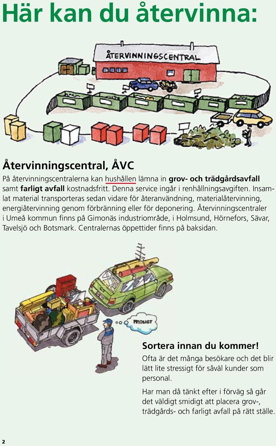 Återvinningscentraler i Umeå kommun finns på Gimonäs industriområde, i Holmsund, Hörnefors, Sävar, Tavelsjö och Botsmark. Centralernas öppettider finns på baksidan.