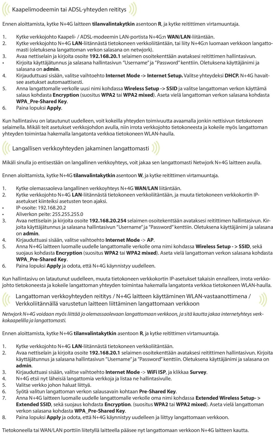 Kytke verkkojohto N+4G LAN-liitännästä tietokoneen verkkoliitäntään, tai liity N+4G:n luomaan verkkoon langattomasti (oletuksena langattoman verkon salasana on netwjork). 3.