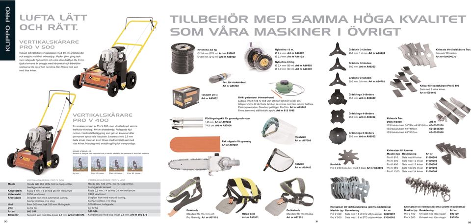 Kan förses med axel med lösa knivar. TILLBEHÖR MED SAMMA HÖGA KVALITET SOM VÅRA MASKINER I ÖVRIGT Nylonlina 2,0 kg Ø 2,4 mm (375 m). Art nr A97002 Ø 3,0 mm (240 m). Art nr A95902 Nylonlina 15 m.