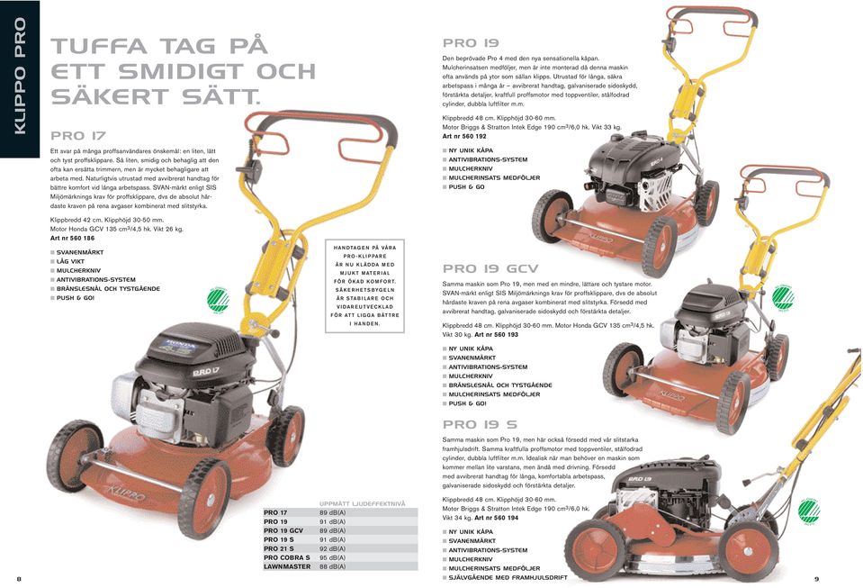 SVAN-märkt enligt SIS Miljömärknings krav för proffsklippare, dvs de absolut hårdaste kraven på rena avgaser kombinerat med slitstyrka. PRO 19 Den beprövade Pro 4 med den nya sensationella kåpan.
