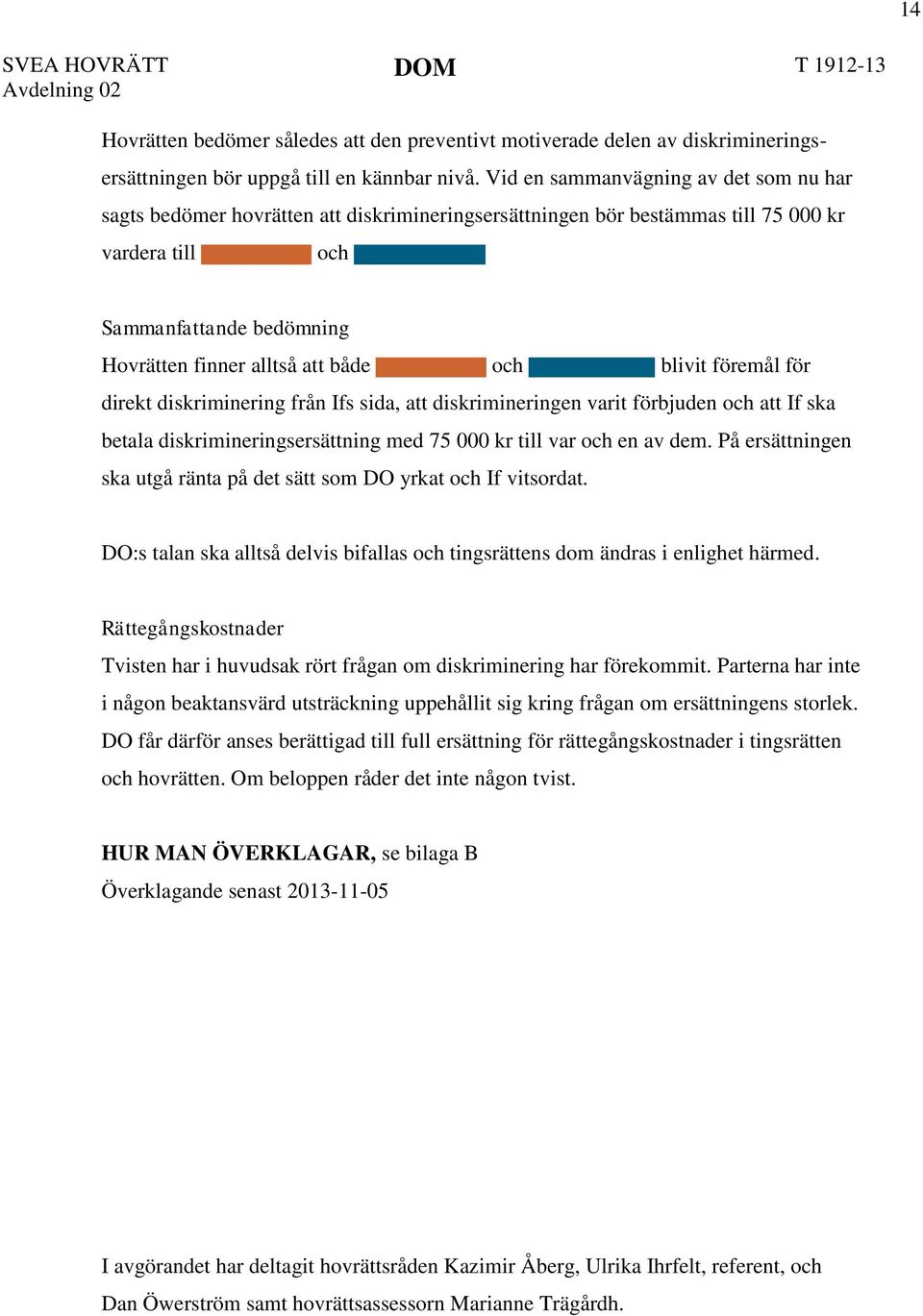 och blivit föremål för direkt diskriminering från Ifs sida, att diskrimineringen varit förbjuden och att If ska betala diskrimineringsersättning med 75 000 kr till var och en av dem.