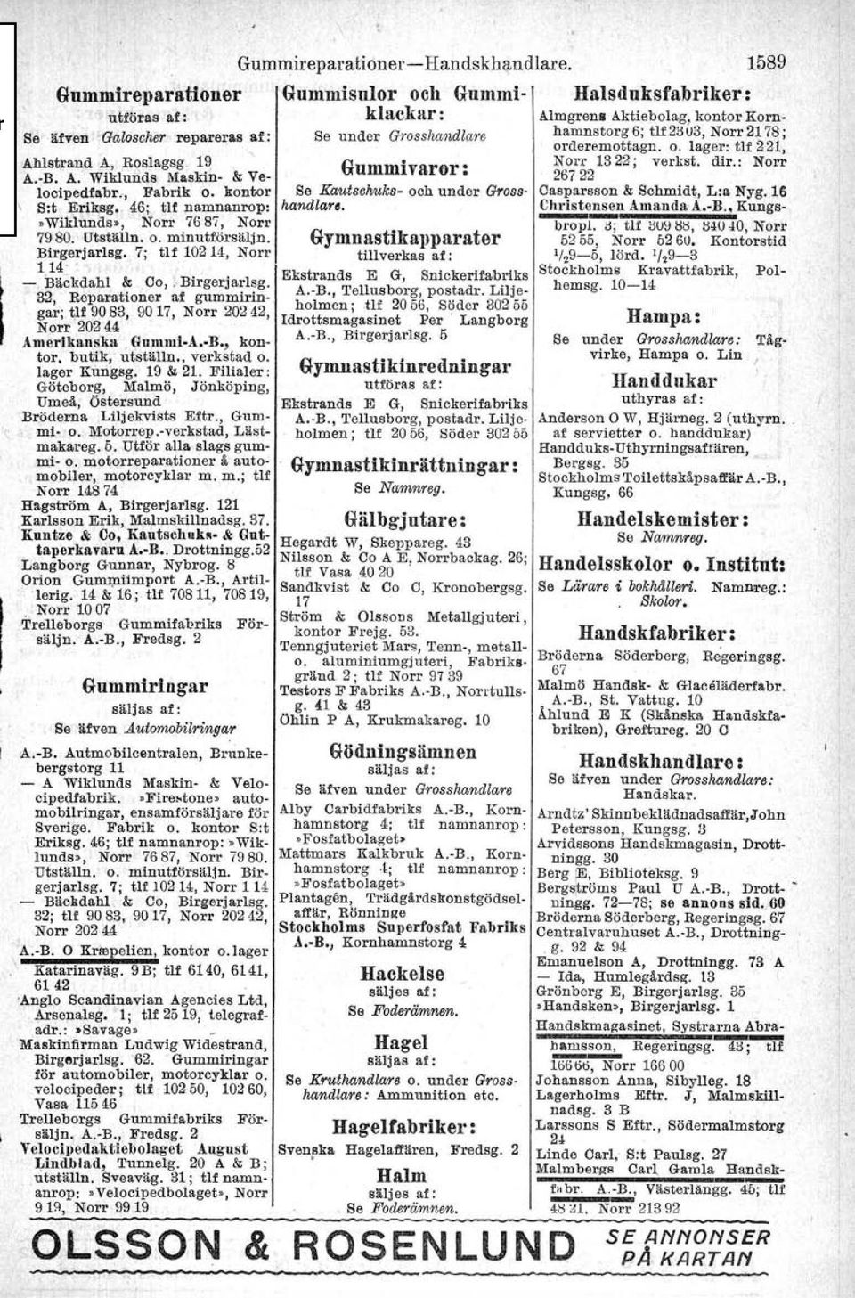 Norr 2178; orderemottagn. o. lager: tlf 221, Ahlstran.d A, Roslagsg. 1~' Gummivaror: Norr 1322; verkst. dir.: Norr A. B. A.' Wiklunds Maskin- & Ve 26722 locipedfabr., Fabrik o.