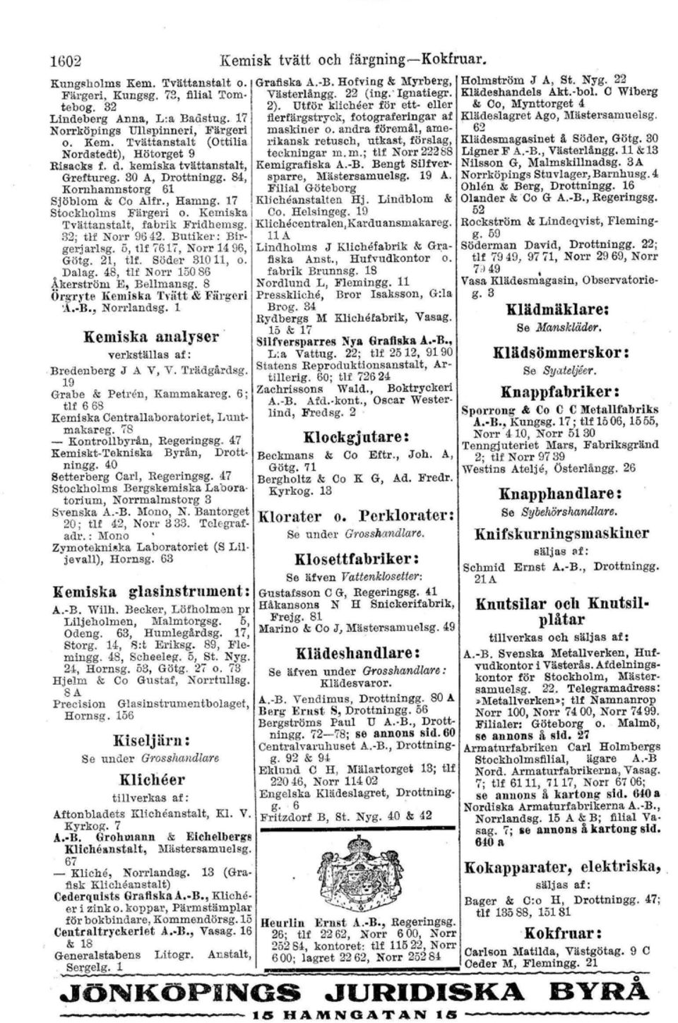 Tvättanstalt (Ottilia»ikansk retusch, utkast, förslag, Nordstedt), Hötorget 9 teckningar m. m.; tlf Norr 22288 Risacks f. d. kemiska tvättanstalt, Kemigrafiska A.-B. Bengt Silfver Greftureg.