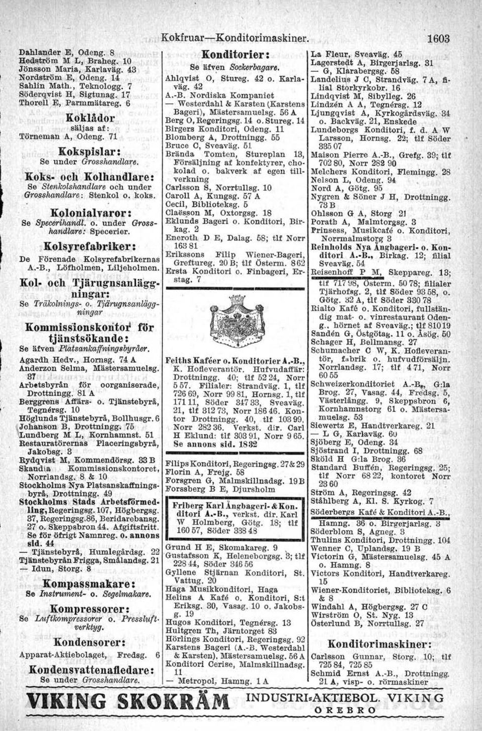 Kolonialvaror: Se Specerihandl. o. under Grosshandlare, Specerier..KolsYJ;efabriker: De Förenade K()lsyrefabrikernas A.-B., Löfhillmen, Liljeholmen. Kol.o~h Tjärugnsanlä'gg.