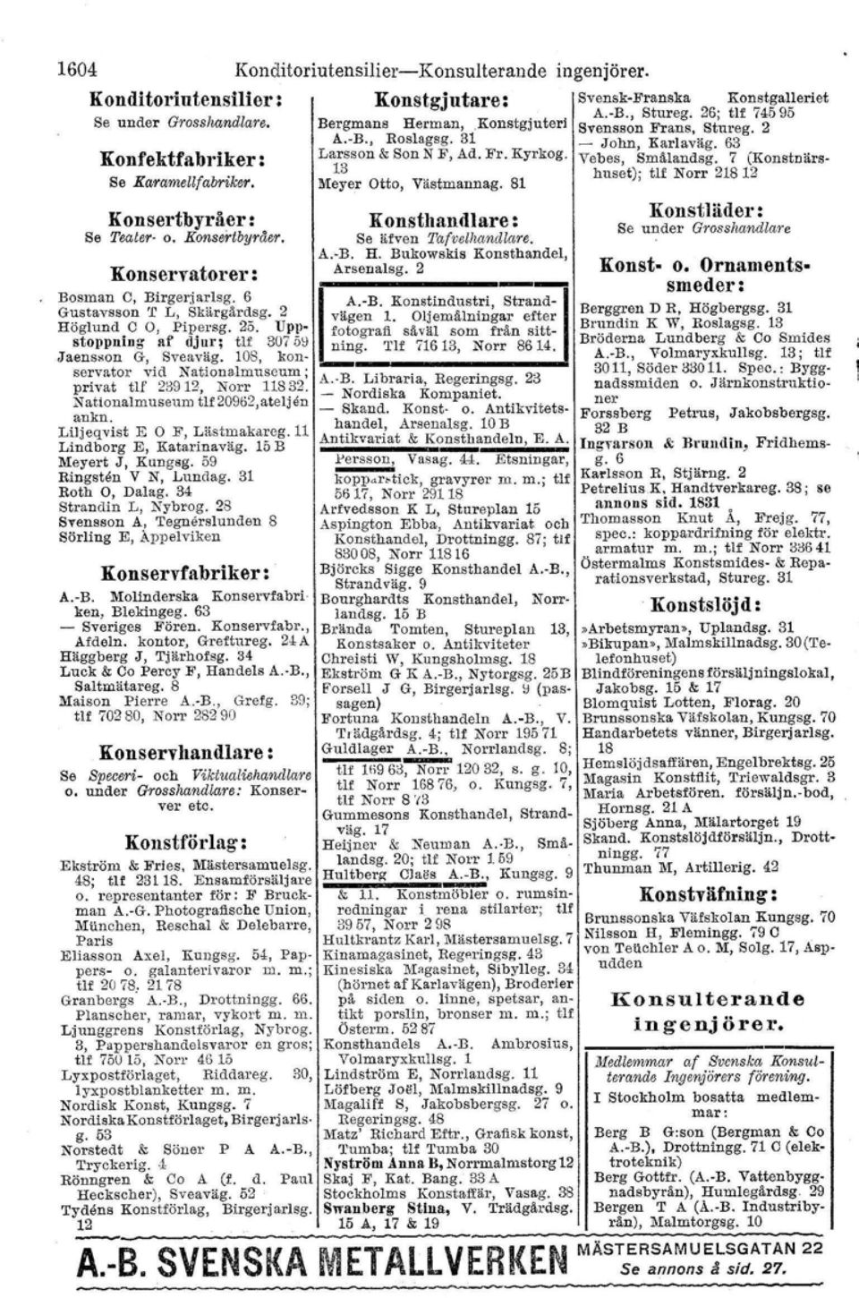 108, konservator vid Nationalmuseum; privat tlf 23912, Norr 11832. Nationalmuseum tlf 20962J atelj en auku. LiJjeqvist E F, Lästmakareg.11 Lindborg E, Kata.rInaväg. 15B Meyert J, Kungsg.