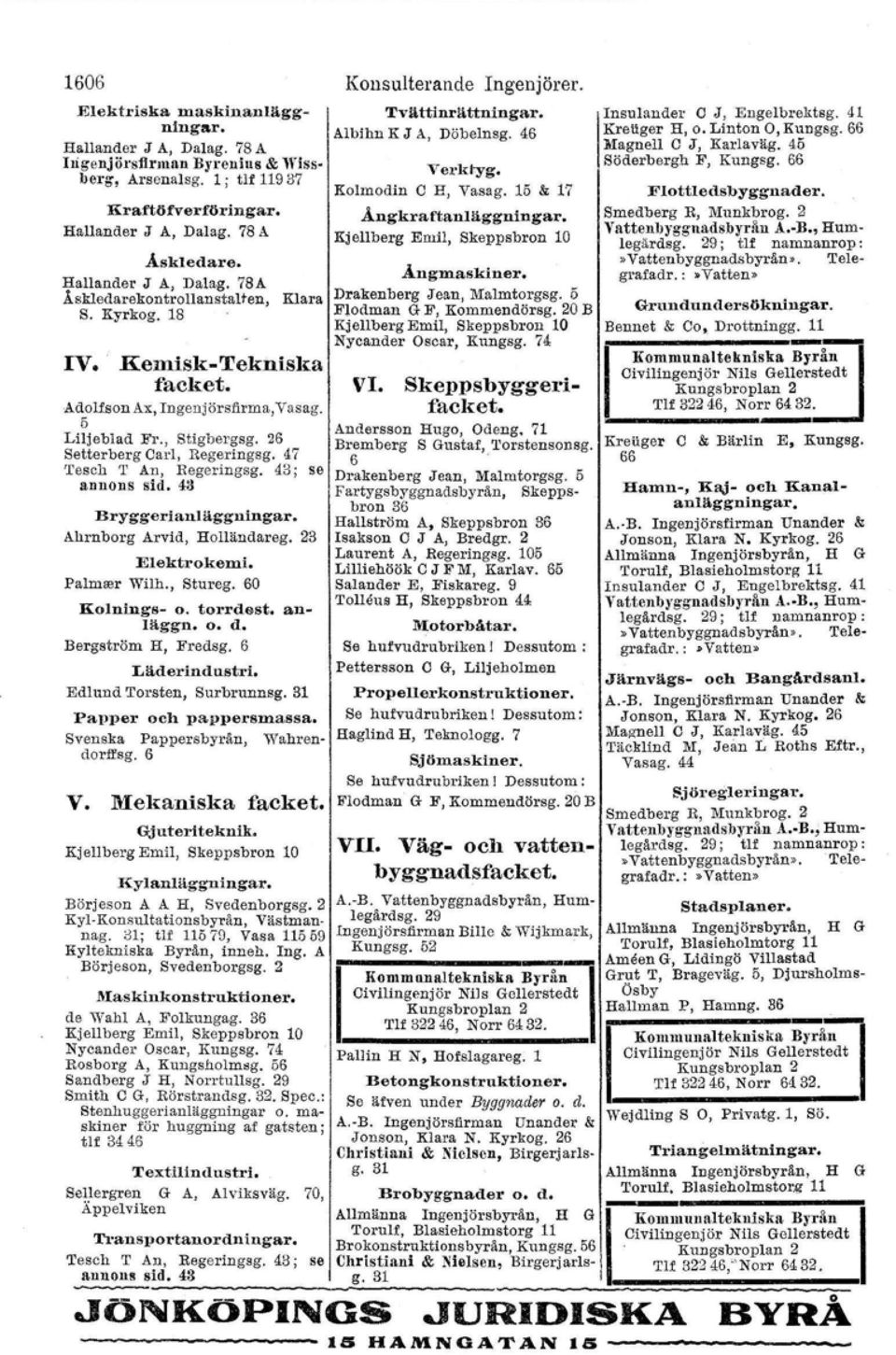 47 'I'esch er An, Regeringsg. 43; se annons sid. 43 Bryggeriaui äggningar. Ahrnborg Arvid, Helländareg, 23 Elektrokemi. Palmser Wilh., Stureg. 60 Kolnings- O. torrdest. an- Iäggn, o. d.