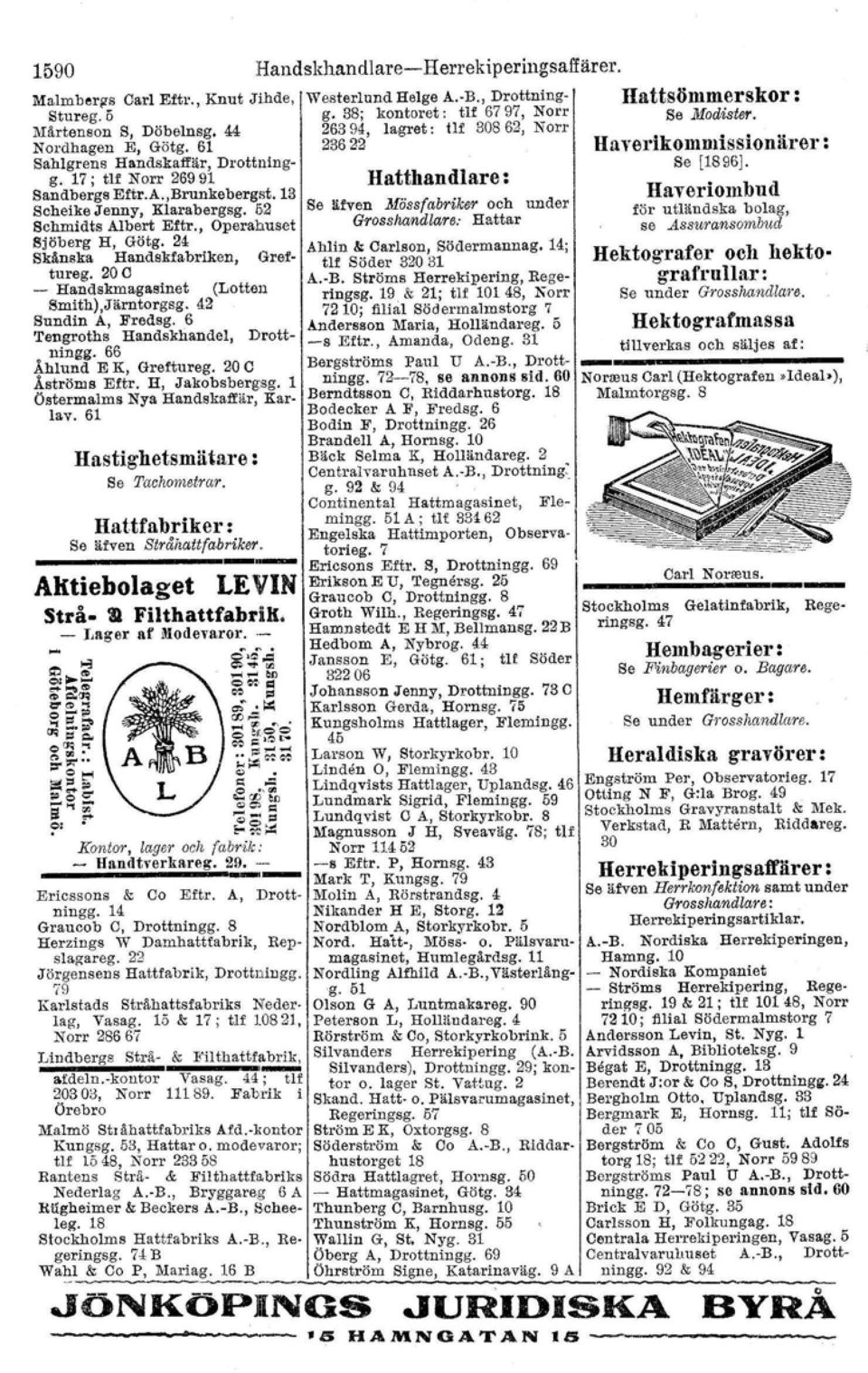 13 Schelke Jenny, Klarabergsg. 52 Schmldts Albert Eftr., Operahuset Sjöberg H, Göt.g. 24 Skånska Handskfabriken, Grettureg, 20 C - Handskmag.slnet (Lott.en Smlth),Järntorgsg. 42 Sundin A, Fredsg.