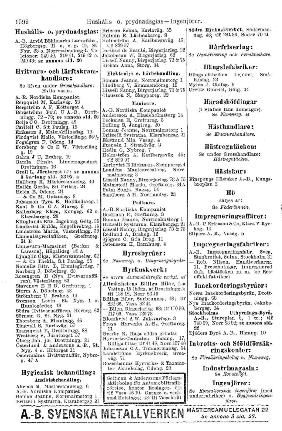 45; tif 829:17 Institut de Beaute, Birgerjarlsg. 32 Jakobsson \Y, BirgerjarIsg. 62 Lissell Nanny, Birgerjarlsg. 73 & 75 Rickan Anna, Storg. 34 Hvitvaru- och lärftskram- Elektrolys o. hårbehandling.